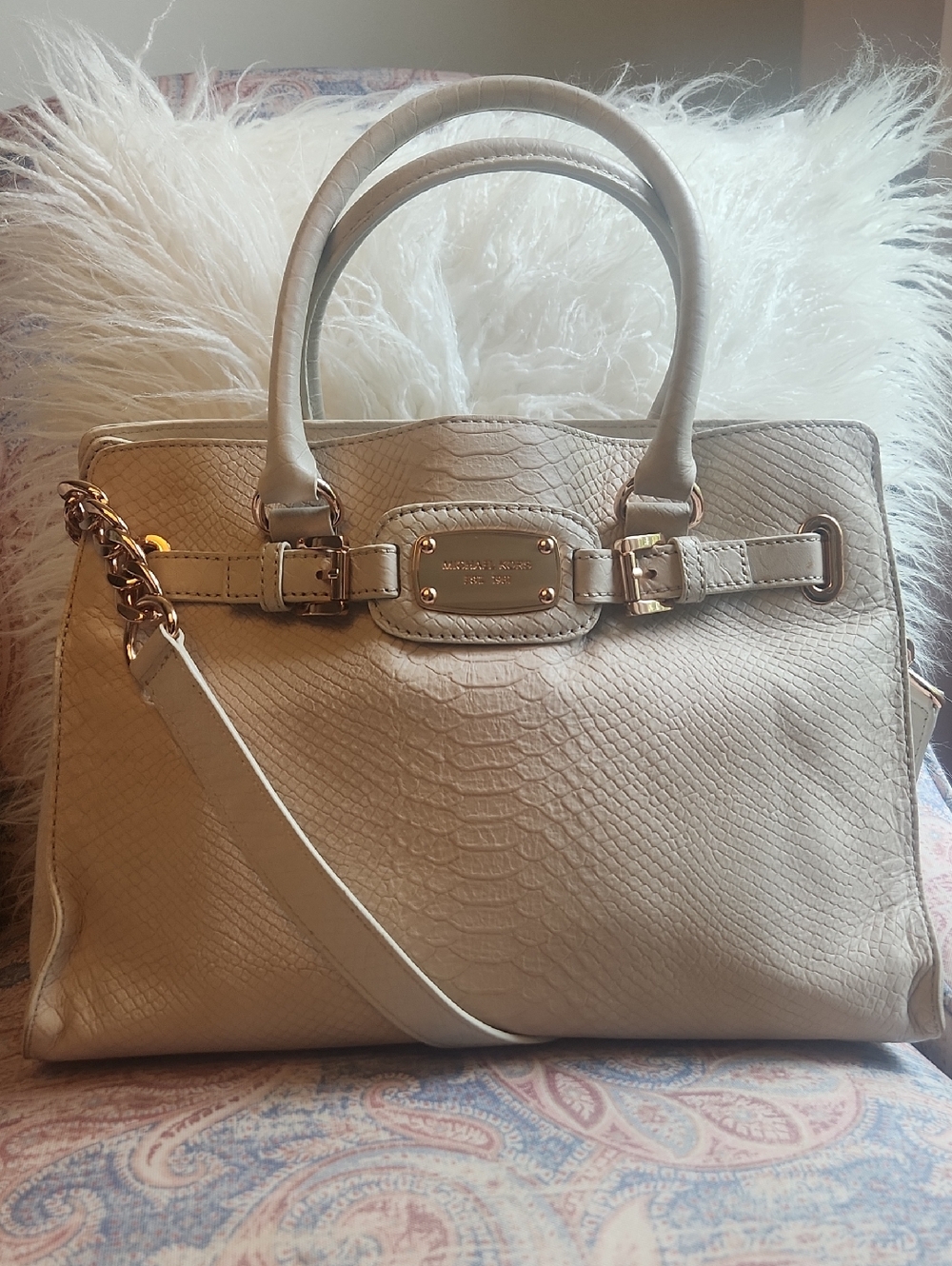Michael Kors Hamilton Cream Python-Embossed Satchel